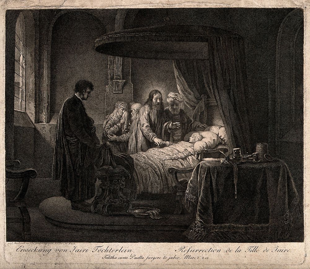 Christ raises Jairus' daughter. Etching by C.W. Griessmann after G. van den Eeckhout.