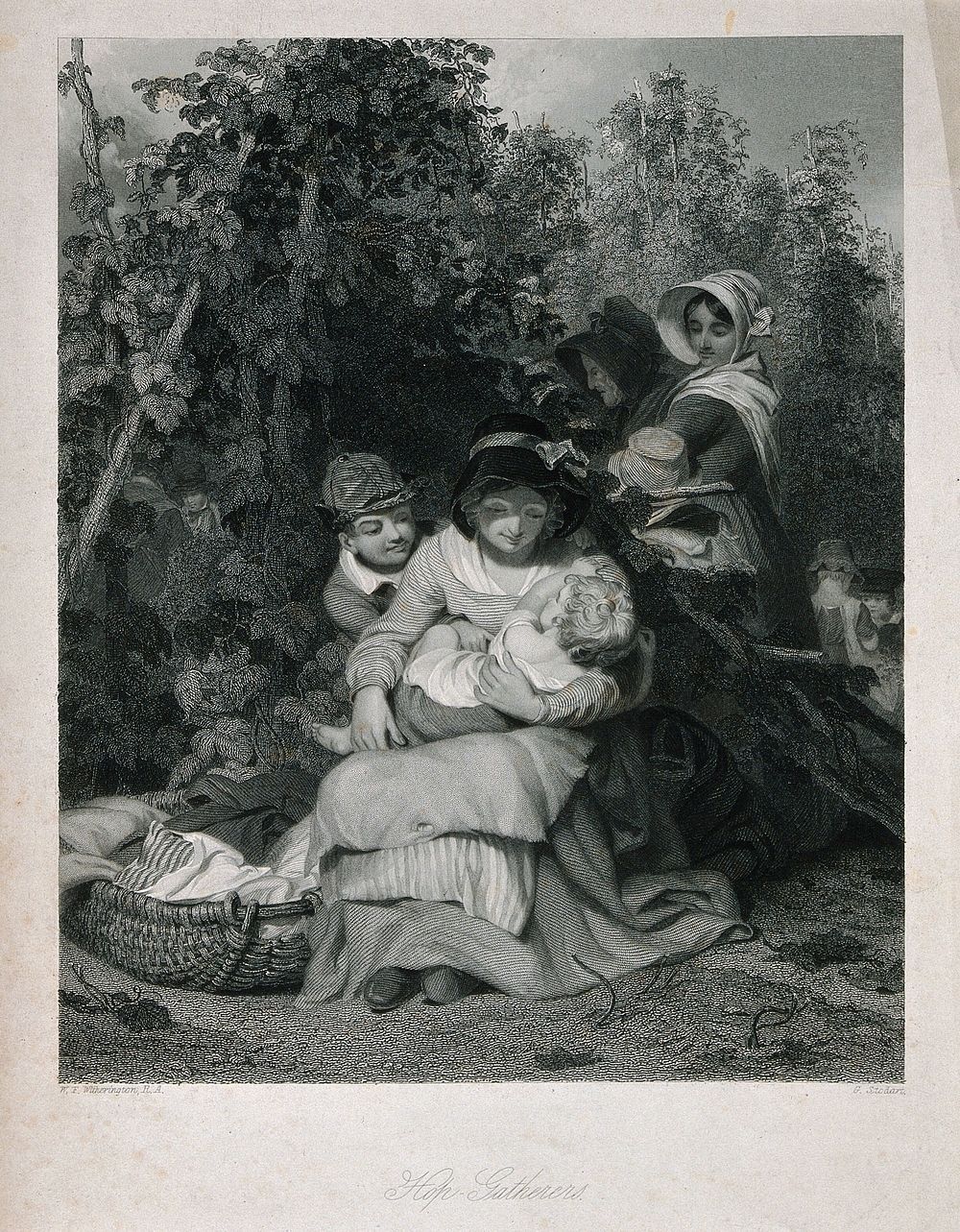 A woman with young children sitting in a hop field during harvesting. Stipple engraving with etching by G. Stodart, c. 1845…