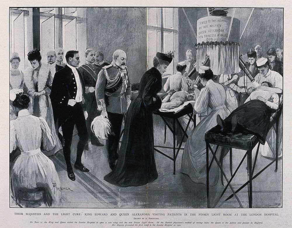 The London Hospital, Whitechapel: King Edward VIII and Queen Alexandra in the Finsen Light room. Process print after a…