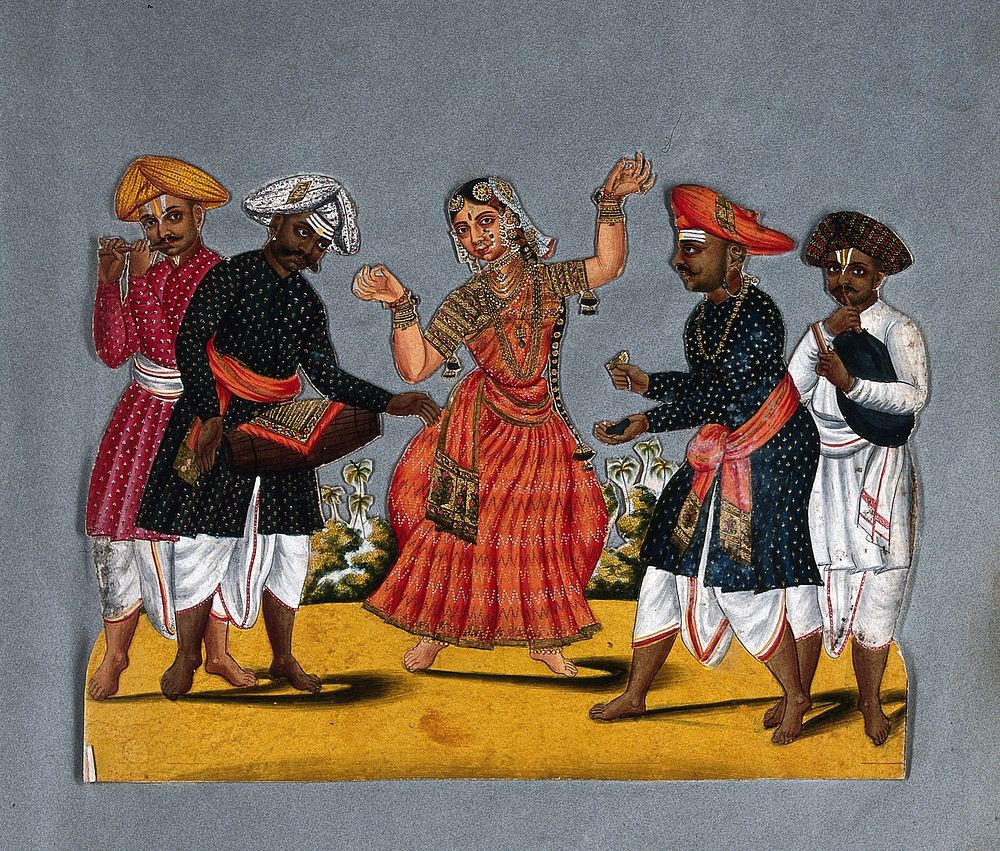 A dancing woman with four male musicians of south India. Gouache painting.