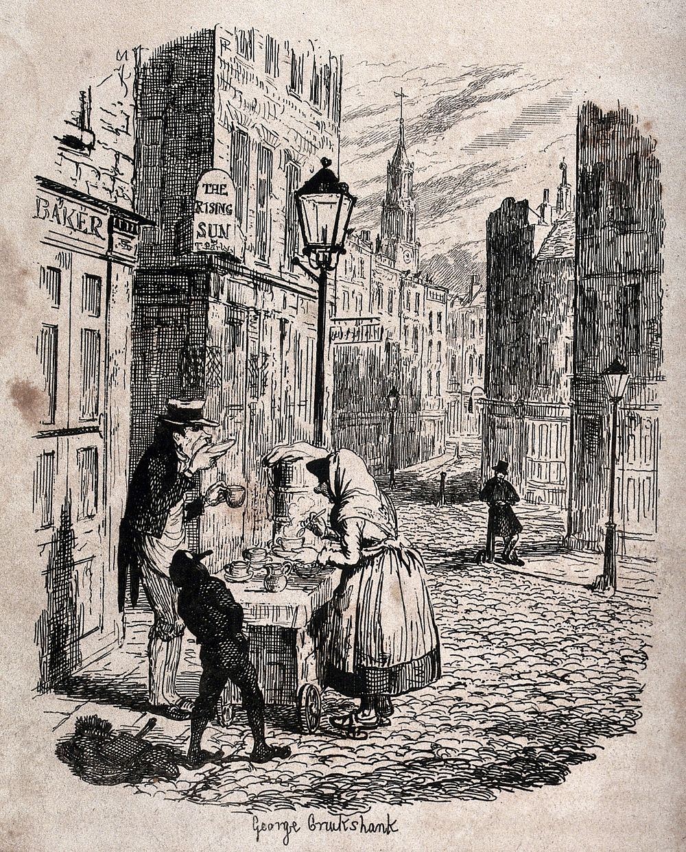 An almost deserted street in London in the early morning: a woman serves a man and a boy with a hot drink, and a policeman…