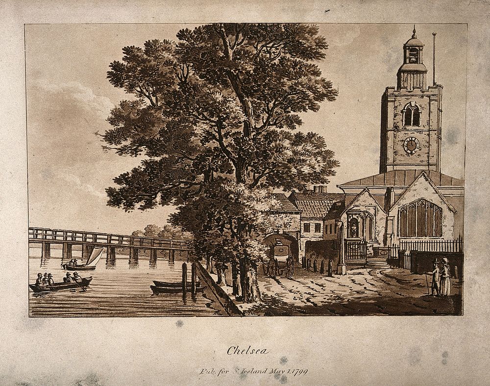 The Old Church, Chelsea, looking along the bank with luxuriant trees in the centre, boats on the river. Aquatint.