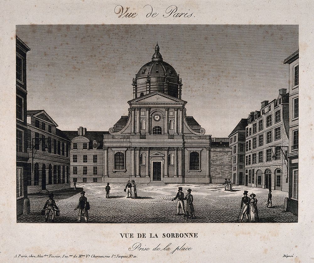 Sorbonne, Paris: from the square. Line engraving.