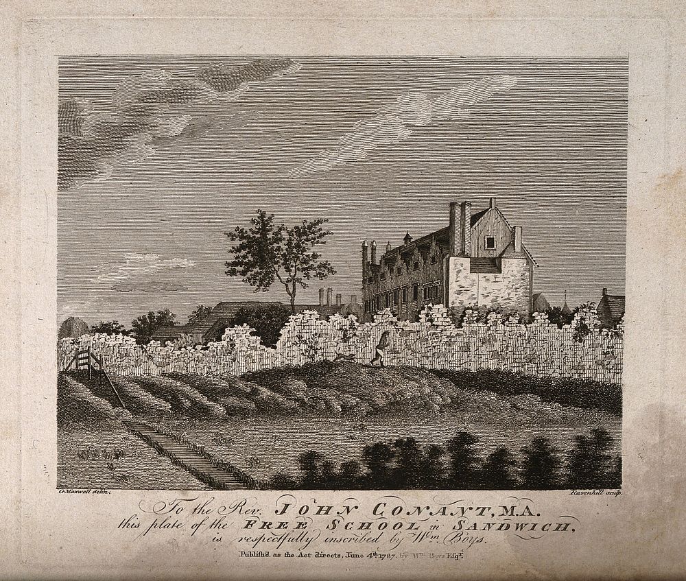 The Free School, Sandwich, Kent. Etching by Ravenhill, 1787, after G. Maxwell.