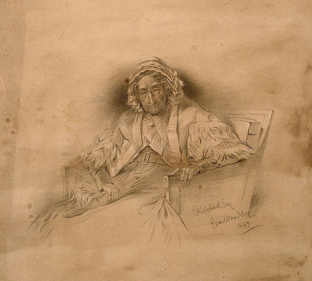 Mrs Anne Drury-Lowe, aged 102. Pencil drawing by G. Woodley, 1849 .