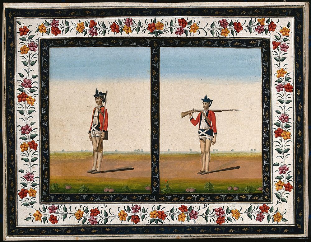 Two sepoys in British uniform: (left) standing to attention, (right) shouldering arms. Gouache painting by an Indian artist.