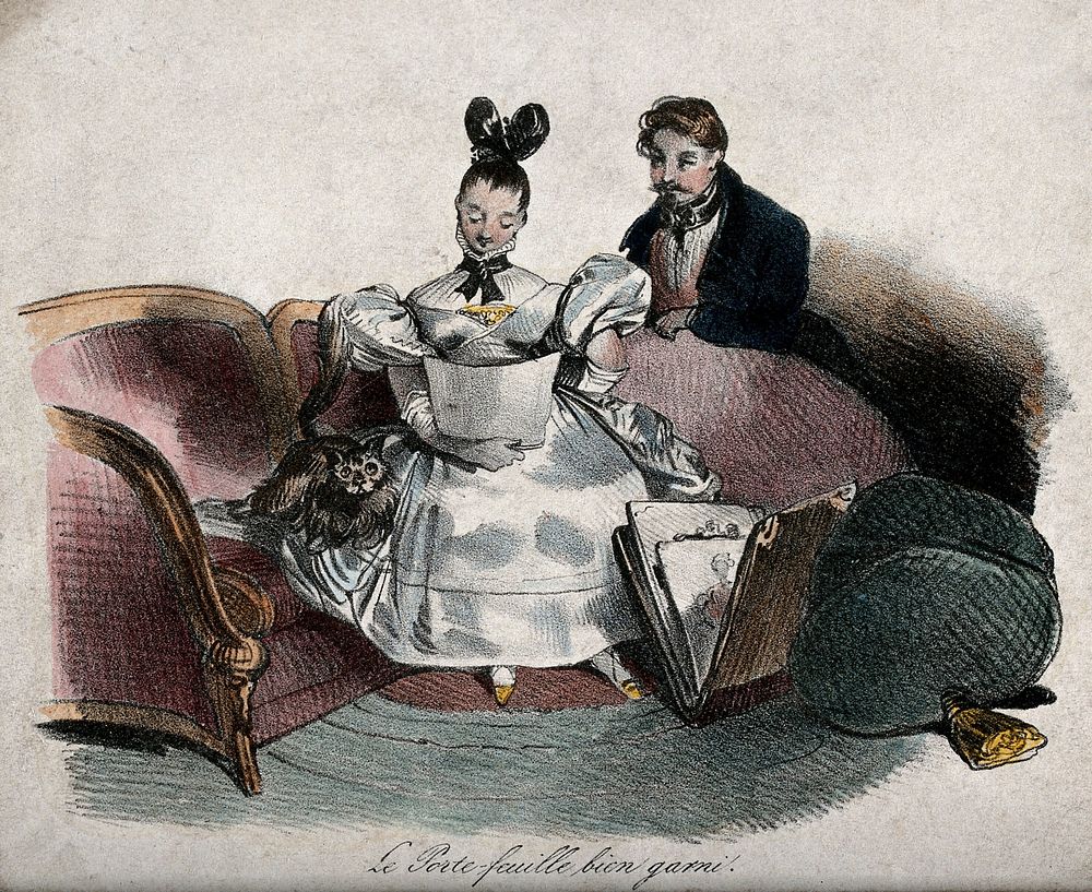 A seated woman studying a drawing or print with a man at her side. Lithograph.