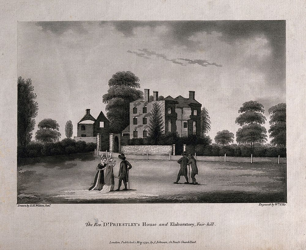 Fairhill, the house of Joseph Priestley in Sparkbrook, Birmingham, after its destruction by rioters. Aquatint by W. Ellis…
