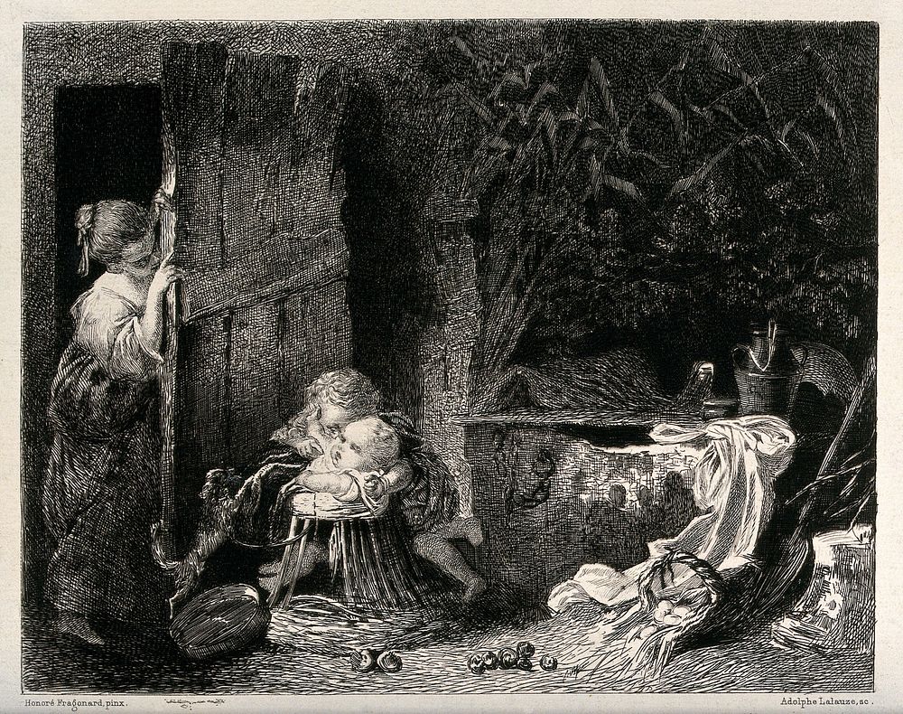 Young children playing a game of hide-and-seek. Etching by Adolphe Lalauze after Honoré Fragonard.