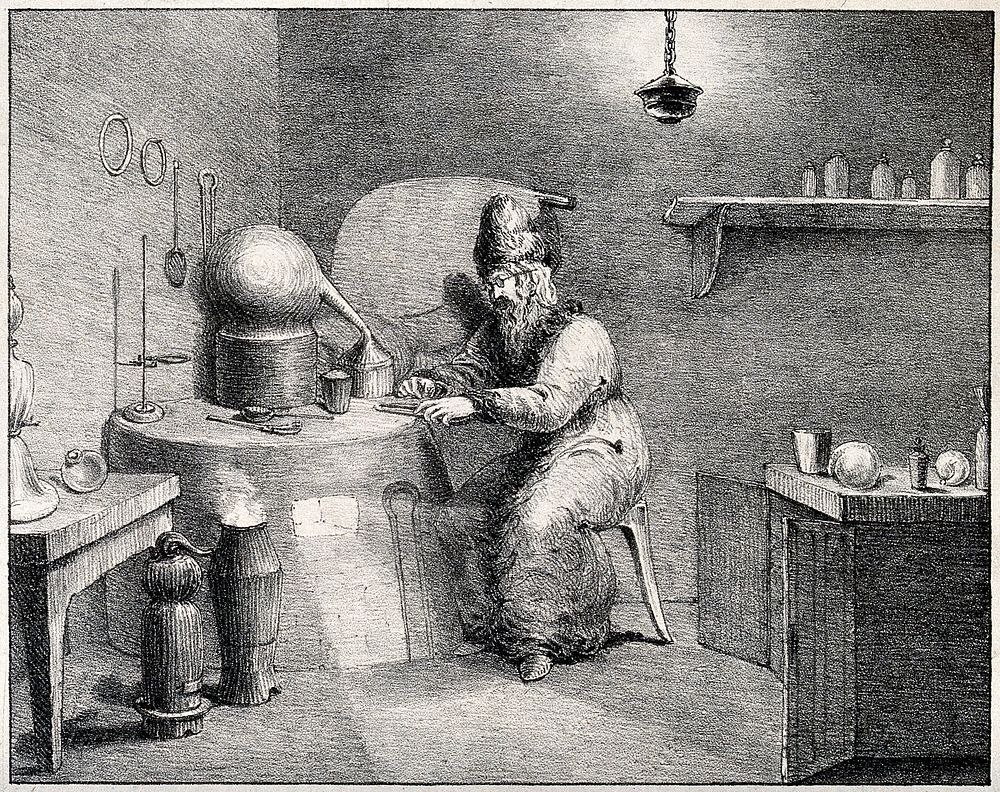 An alchemist wearing a tall hat, sitting at a table containing his chemical instruments. Lithograph by H. Wood after F.…