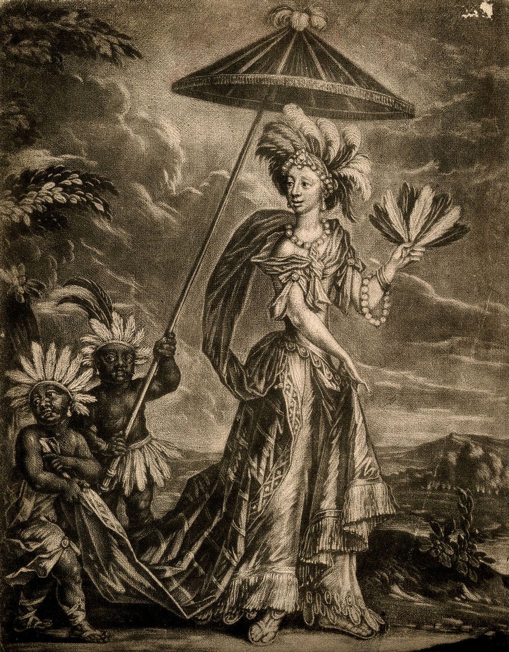 A character in the play "The widdow Ranter": Semernia, a Native American queen, with two pageboys. Mezzotint by W. Vincent.