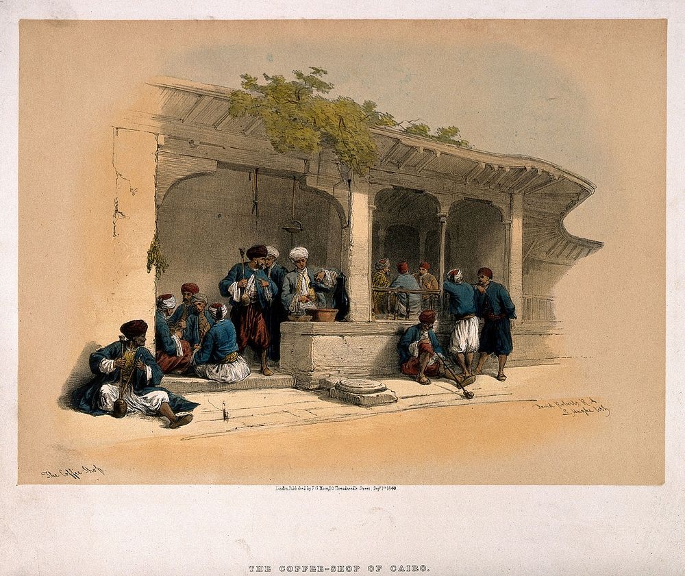 Men smoking and drinking outside a coffee shop in Cairo. Coloured lithograph by L. Haghe, c. 1849, after D. Roberts.