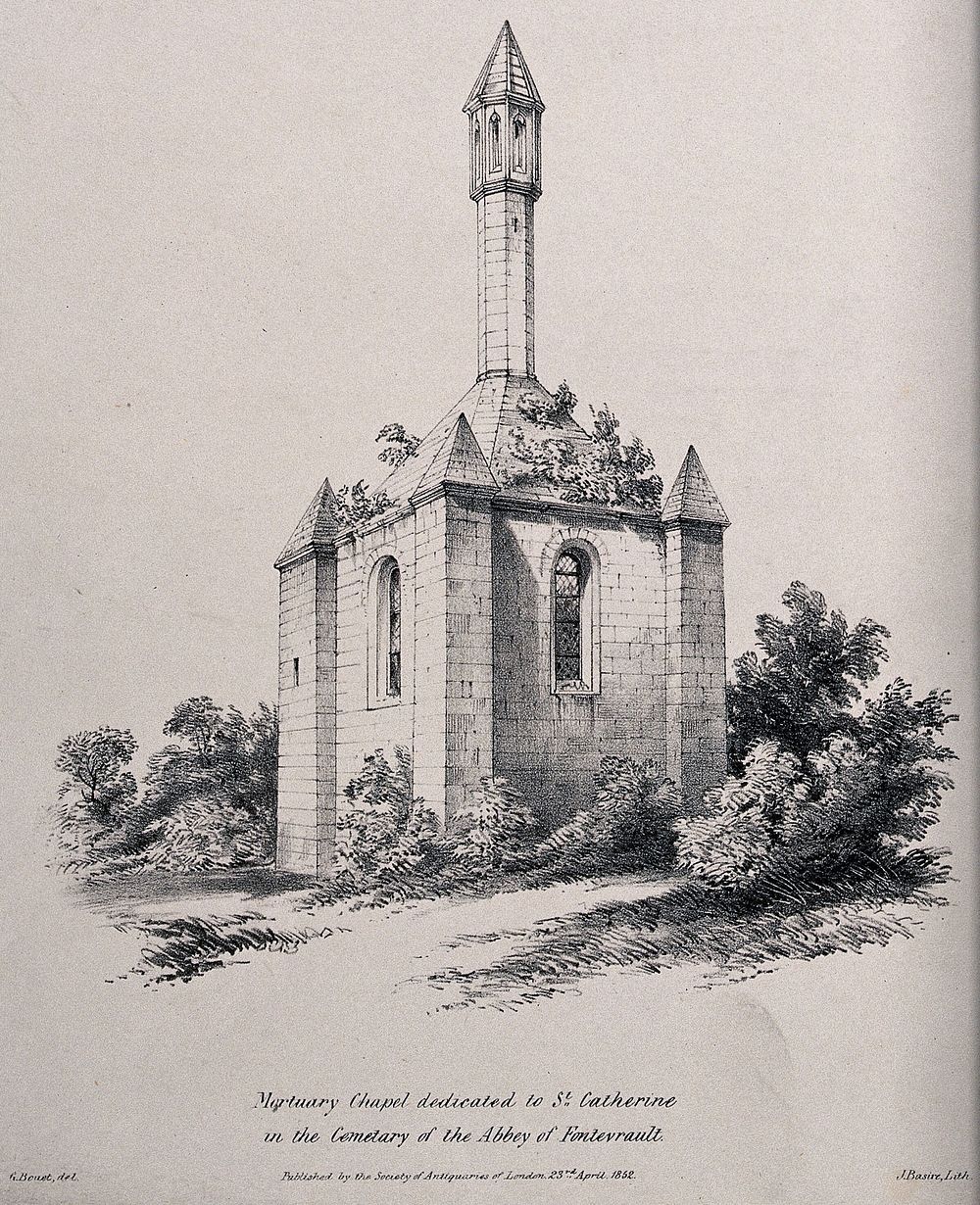 Abbey of Fontevrault: the mortuary chapel. Lithograph by J. Basire after G. Bouet.