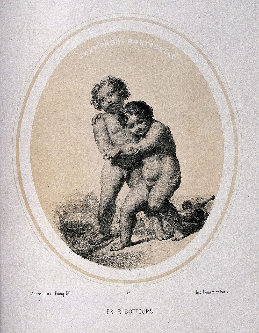 Two naked children in a drunken state. Lithograph by Piecq, c. 1845, after Gosse.