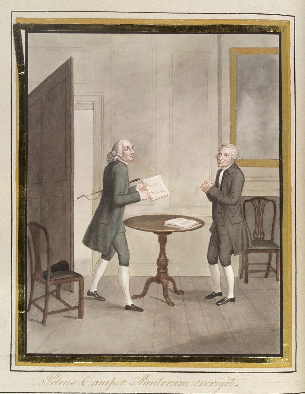 Pieter Camper correcting John Hunter's paper on the hawk. Watercolour attributed to J. Foot, 1822.