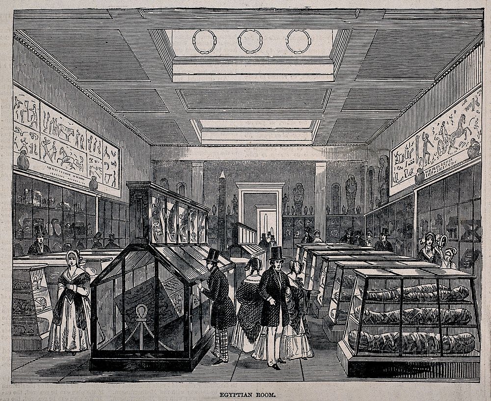 The British Museum: the Egyptian Room, with visitors. Wood engraving, 1847.