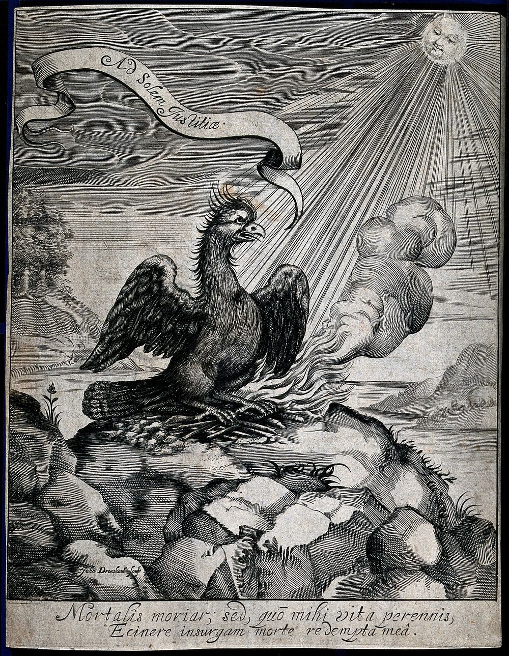 The phoenix immolating itself on a funeral pyre; representing rebirth and eternity. Engraving by J. Droeshout.