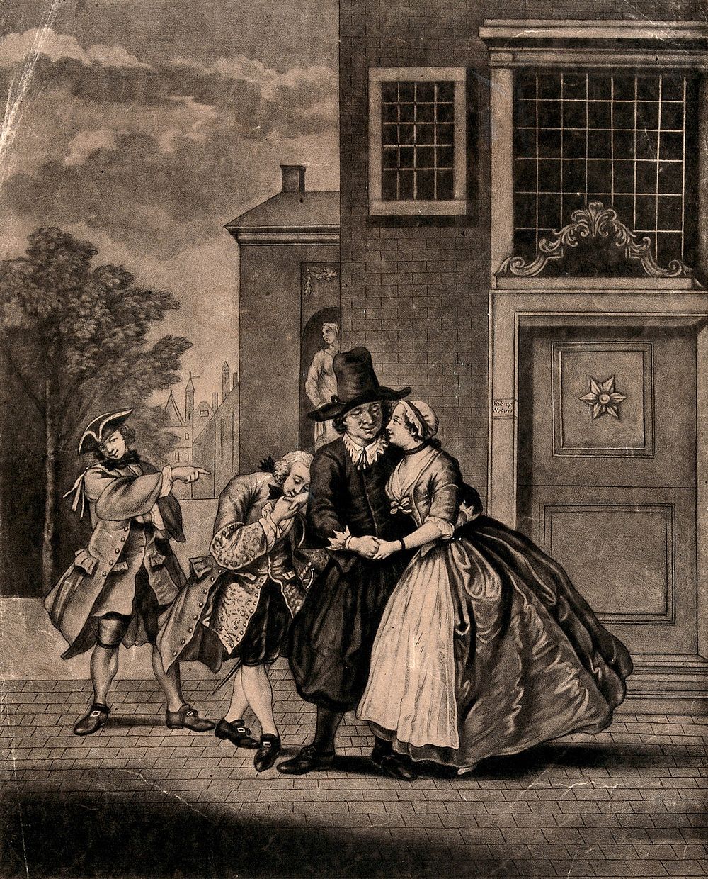 A young woman encourages the attentions of an old man while offering her hand behind his back to a younger one. Mezzotint by…