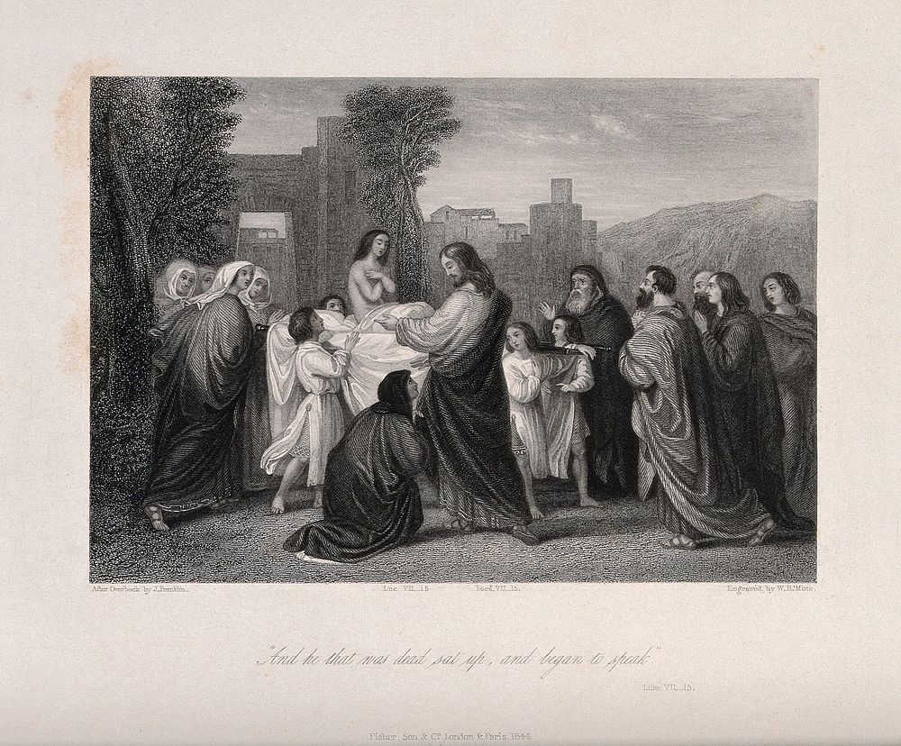 Christ raises the widow's son from the dead. Engraving by W.H. Mote, 1846, after J. Franklin after J.F. Overbeck.