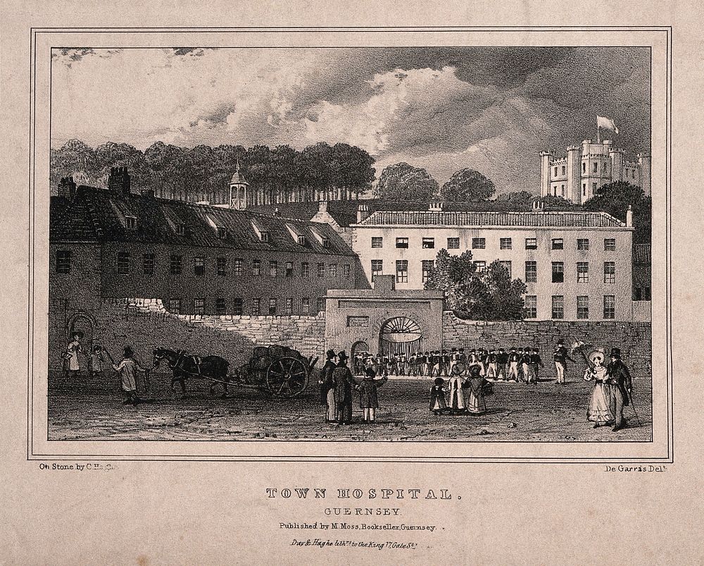 Town Hospital, Guernseey, Channel Islands: parade coming from the hospital. Lithograph by C. Haghe after De Garris.