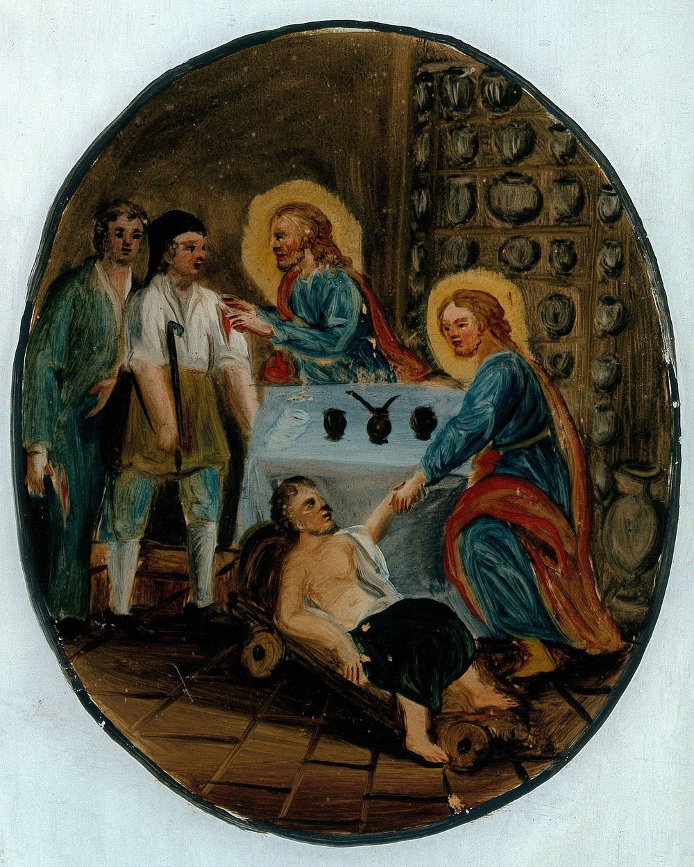 Saint Cosmas and Saint Damian treating the sick. Gouache painting.