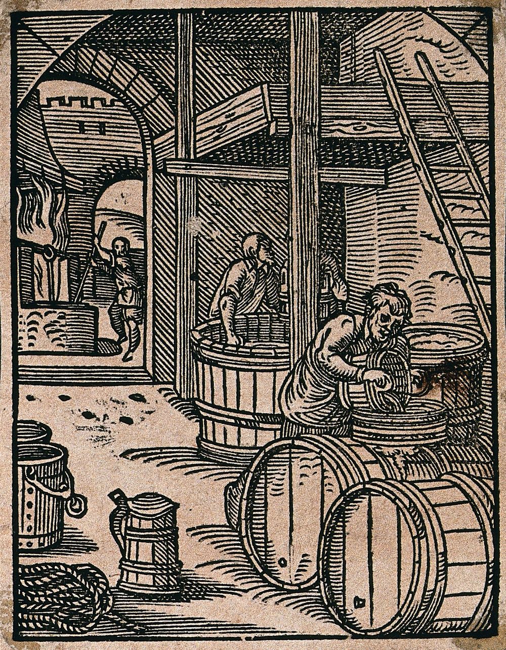 A brewer pouring beer into a barrel; behind, the operations of brewing. Woodcut by J. Amman.