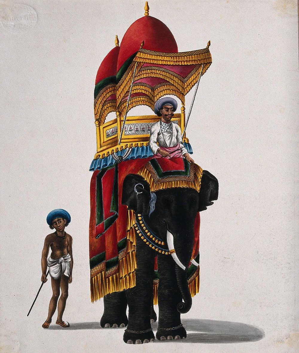 An elephant carrying a howdah, with two attendants. Gouache by an Indian artist.