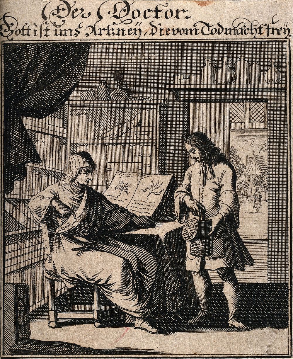 A physician talking to a patient about his illness, the patient is holding a basket containing a urine flask. Engraving.