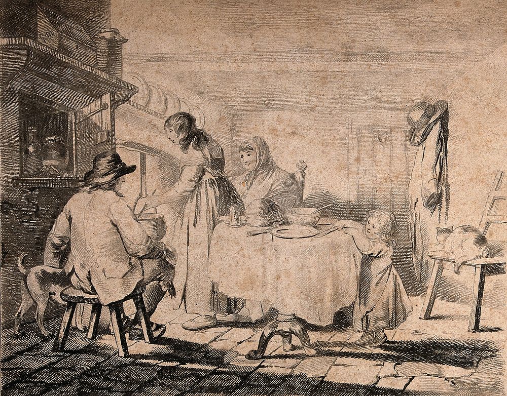 A family at home, with a man sitting on a stool in front of the fire and a woman stirring the pot. Soft-ground etching by T.…
