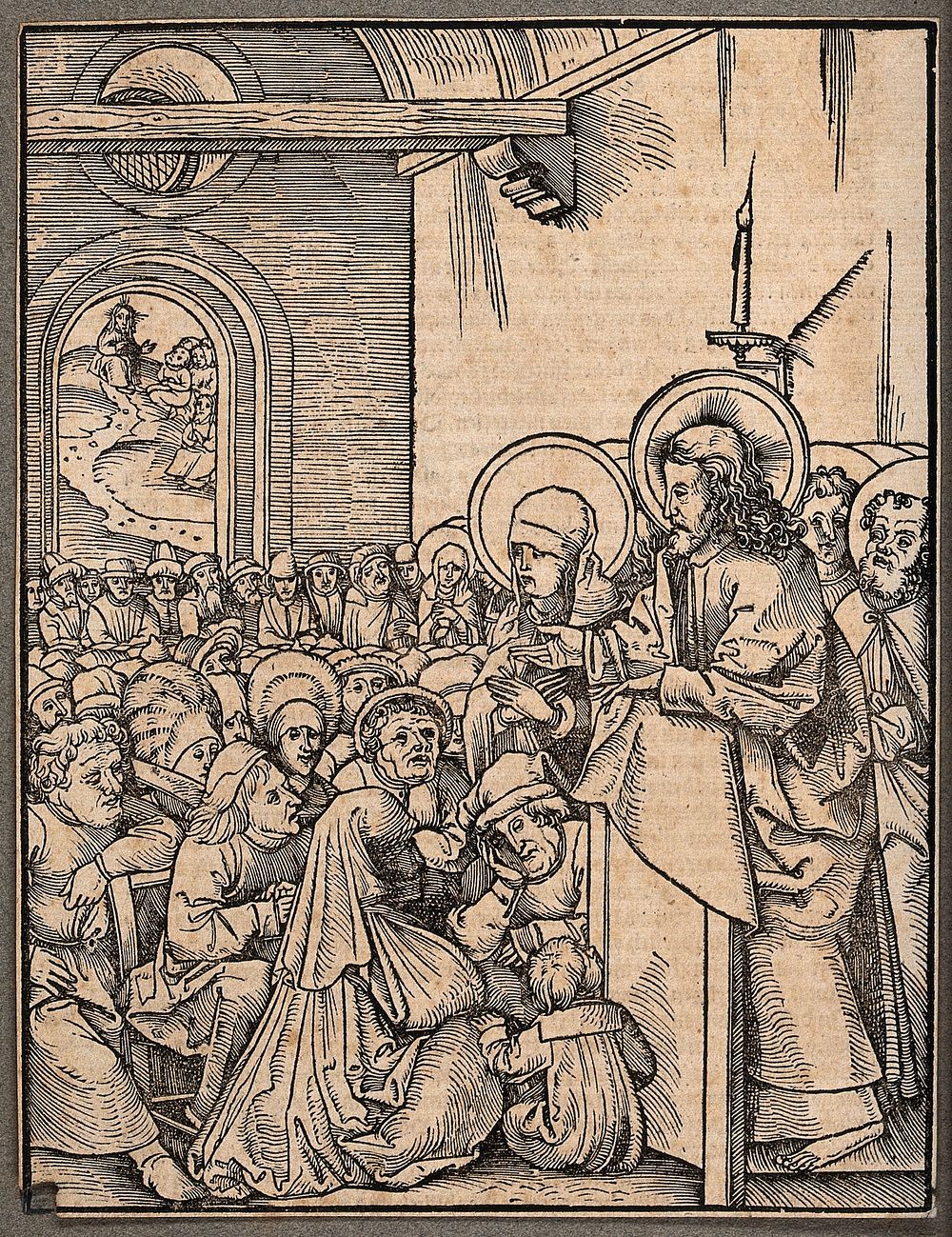 Christ preaching before a crowd. Woodcut.
