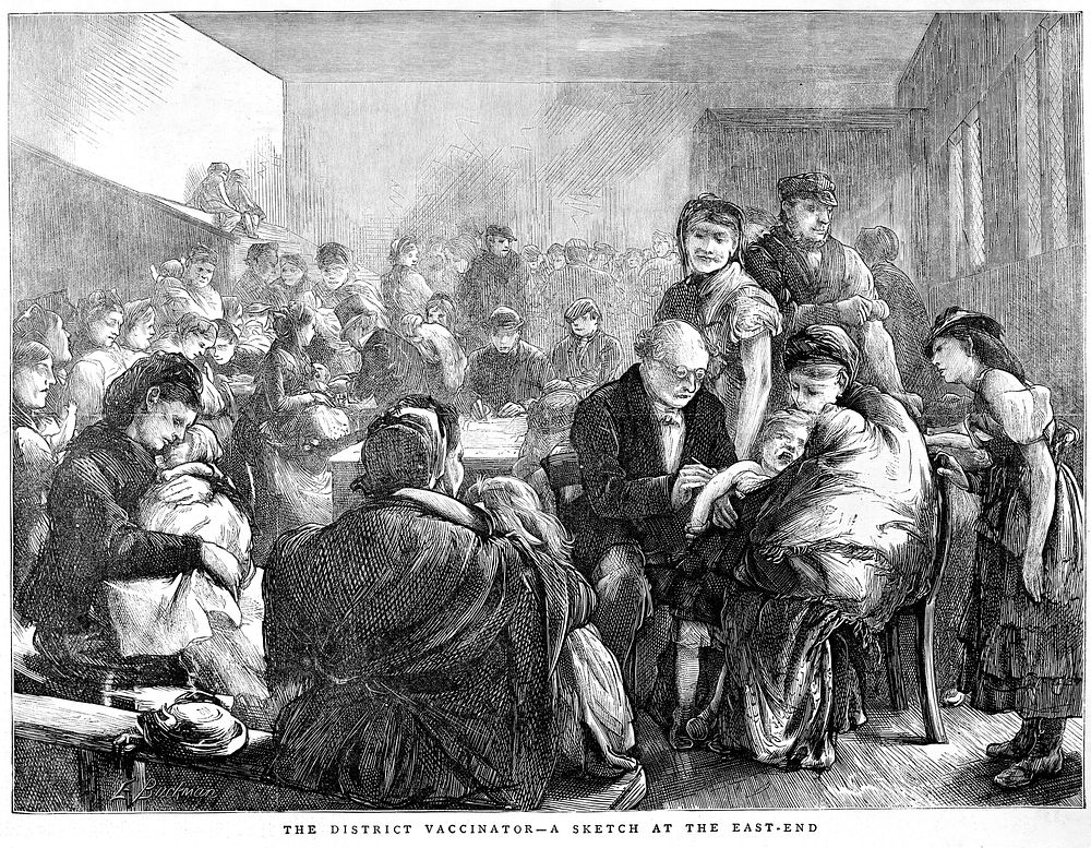 A dispensary in the East End of London: crowds of local children are being vaccinated. Wood engraving by E. Buckman, 1871.