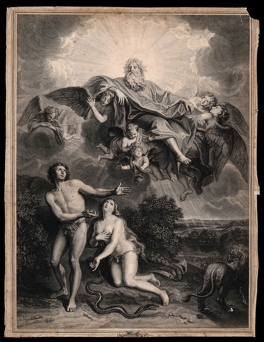 God looks on unimpressed as Adam blames Eve for the transgression. Engraving by P.I. Drevet, c. 1720, after N. Coypel.