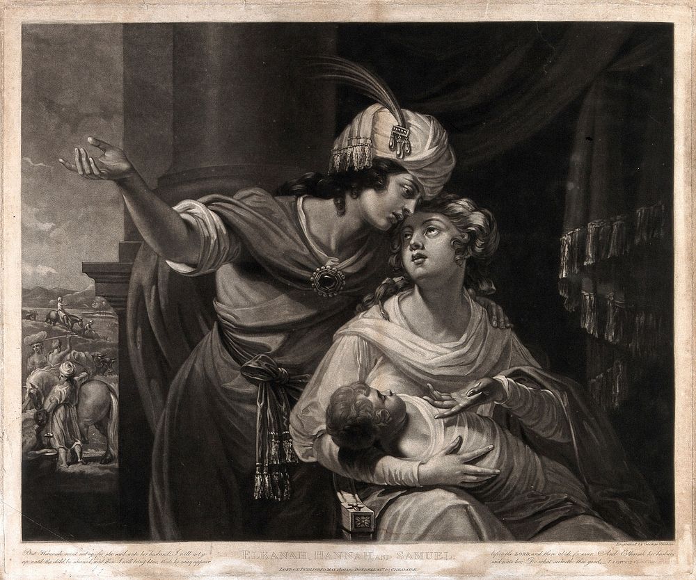Elkanah and Hannah discuss the weaning of Samuel. Mezzotint by G. Graham, 1815.