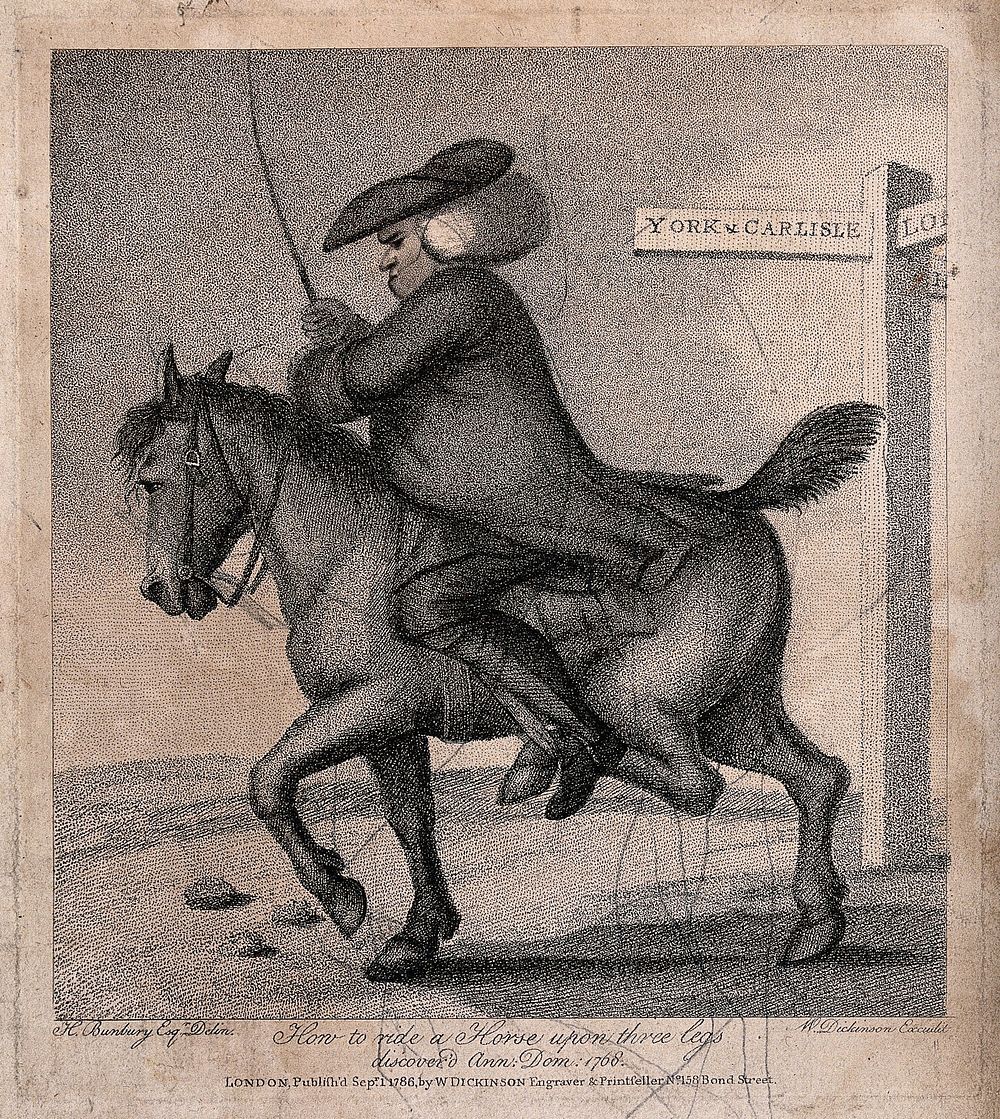 A man on horseback riding past a road sign to York and Carlisle. Etching by H. Bunbury.