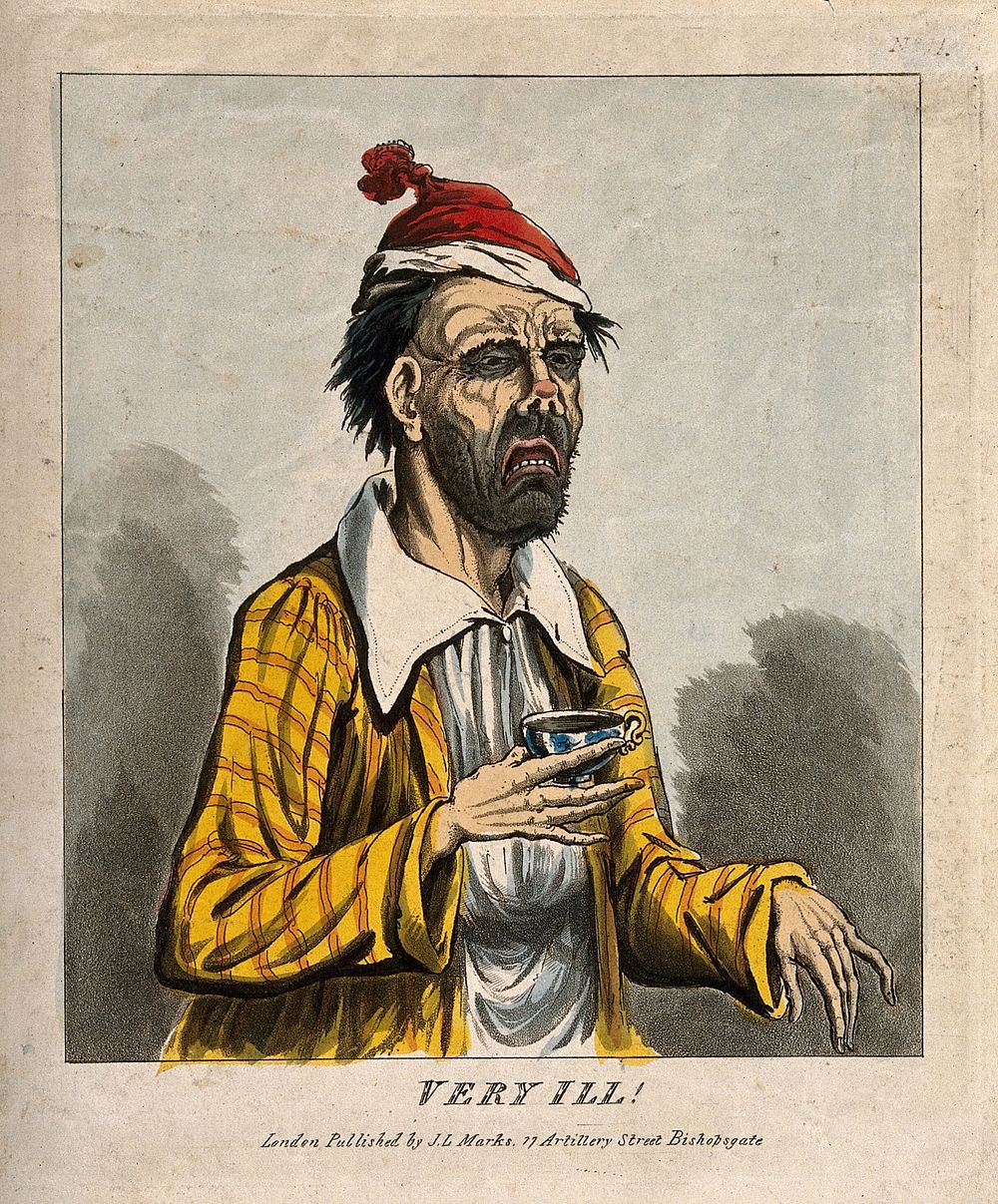 An ill man pulling a grotesque face and holding a cup. Coloured aquatint.