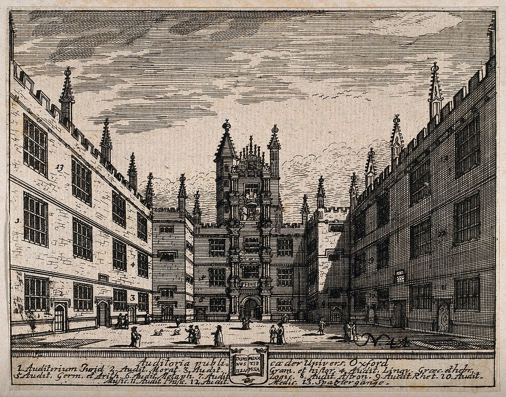 The Schools Quadrangle and the Tower of the Five Orders, Oxford University. Etching.