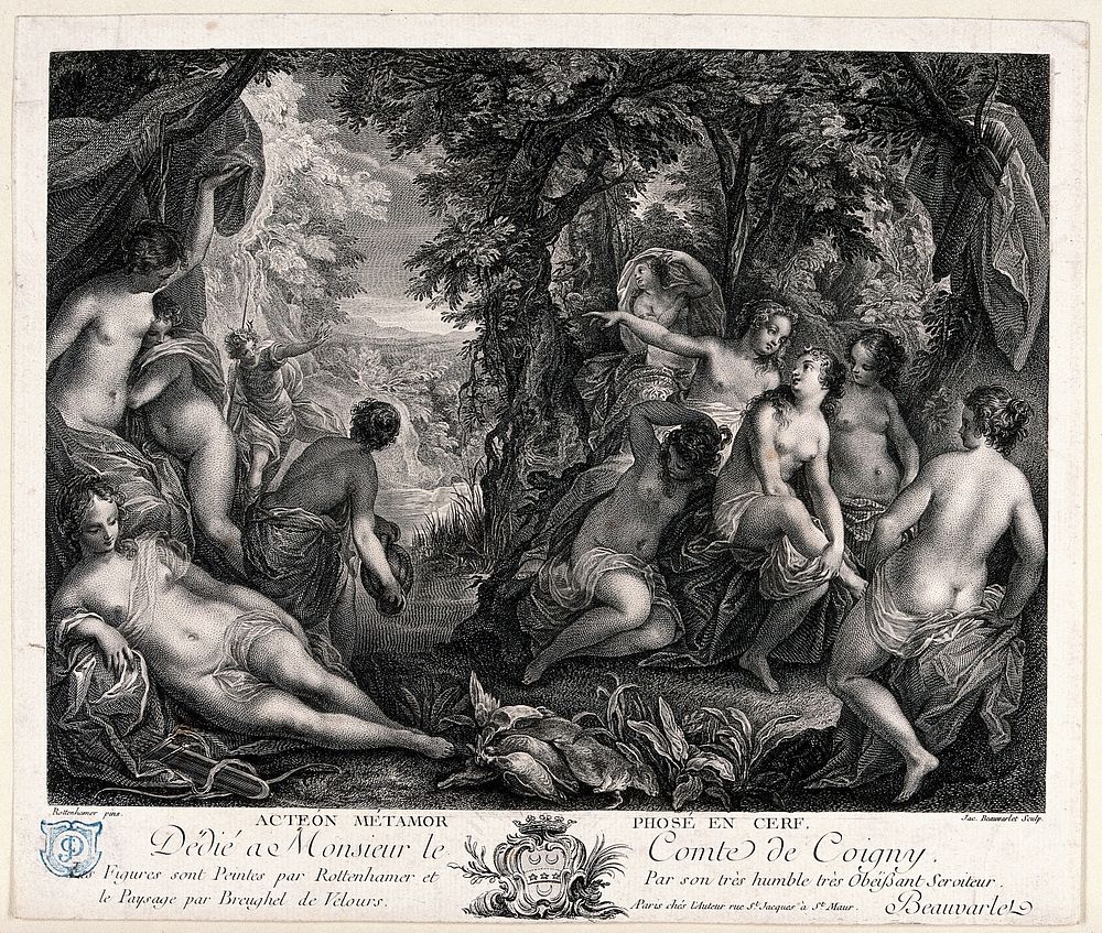 Diana [Artemis] and Actaeon. Engraving by J.B. Beauvarlet after J. Rottenhammer.