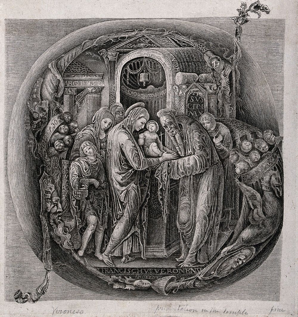 The presentation of Jesus to Simeon, or to a priest of the Temple. Engraving with stipple after F. Bonsignori.