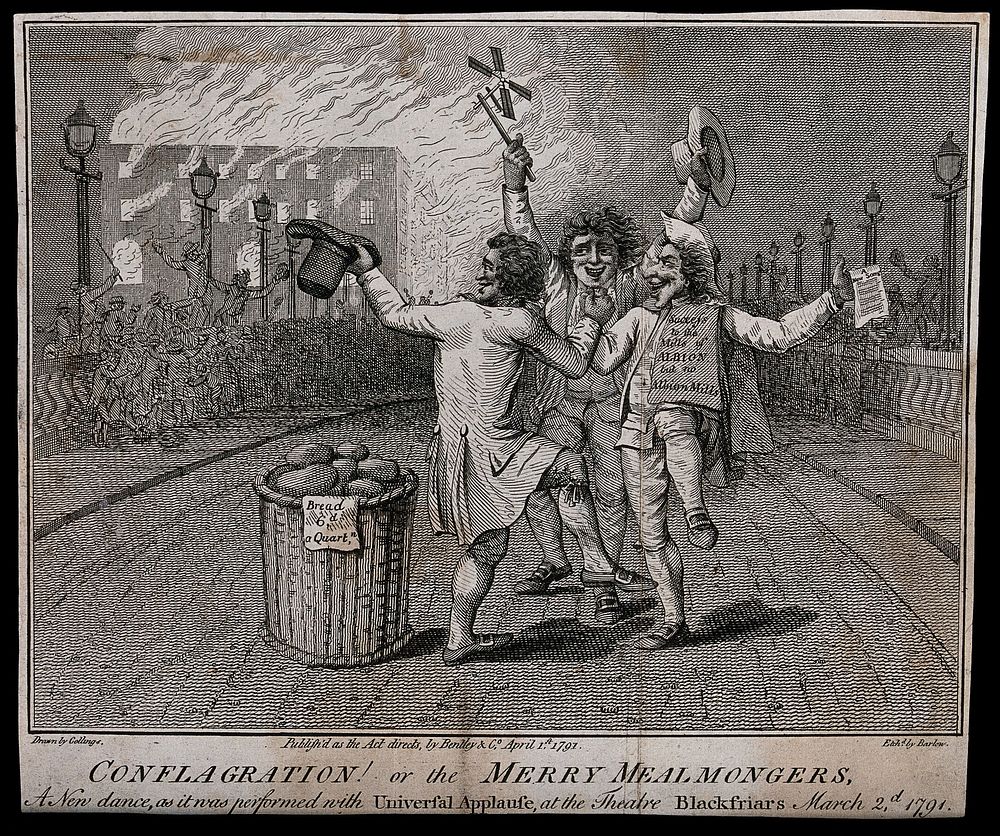 Three men dance in the street as a crowd gathers on Blackfriars Bridge, London, to celebrate the destruction by fire of…