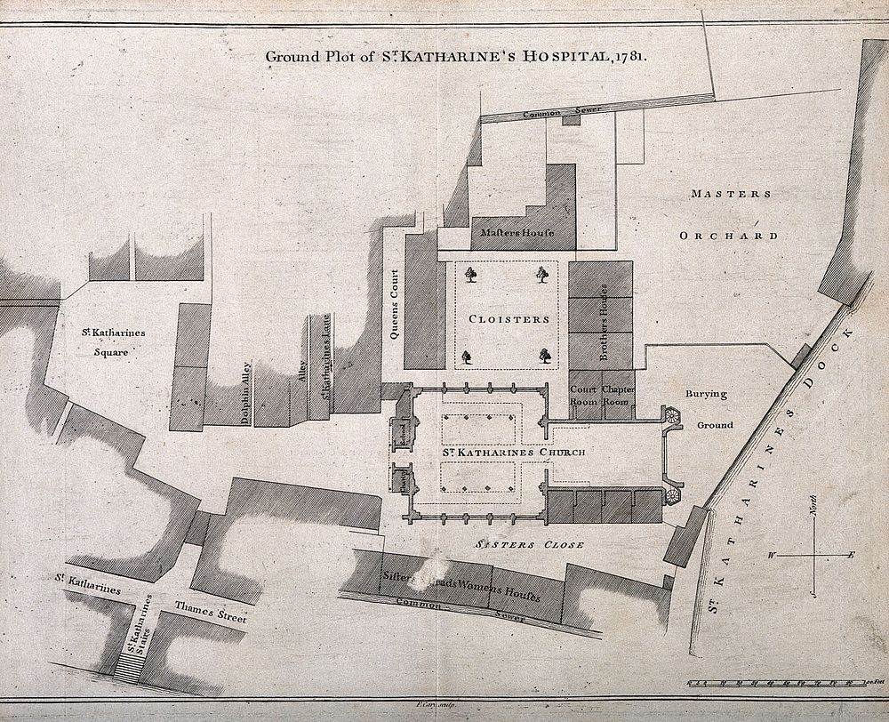 St Katharine's Church and Hospital, London: a ground-plan with scale and north point. Engraving by F. Cary.