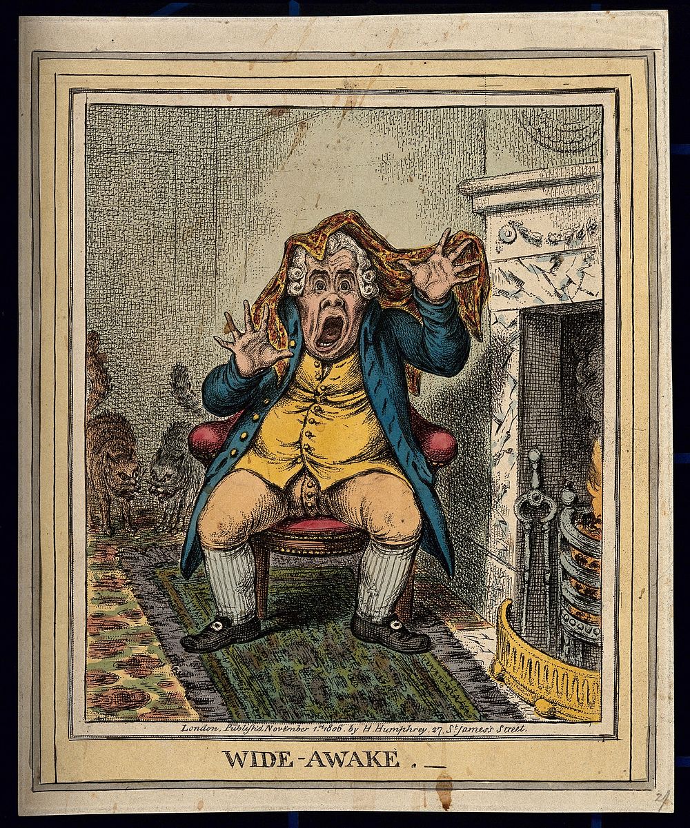 A man suddenly awakened by two squalling cats. Coloured etching by J. Gillray, 1806.