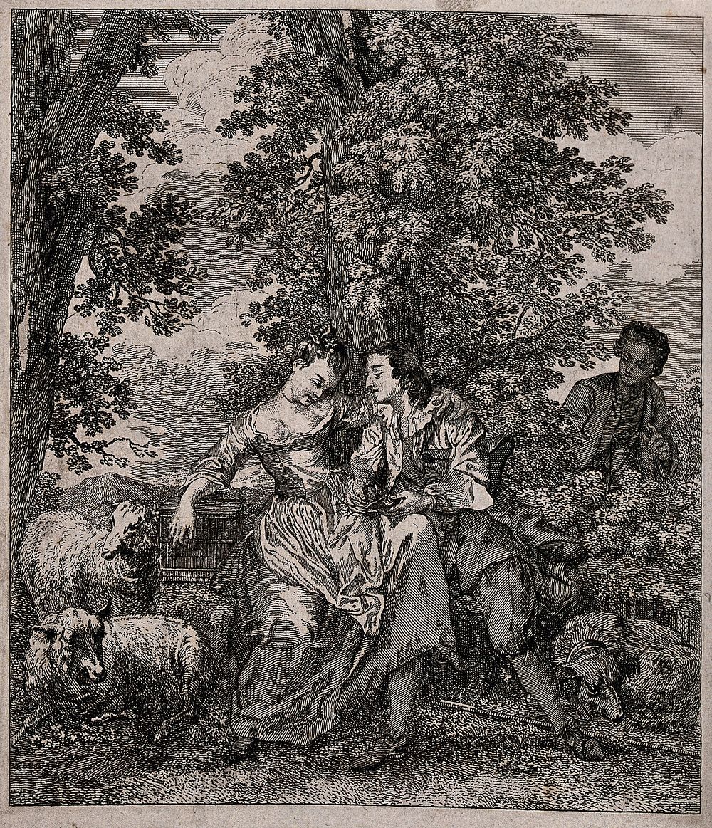 A shepherdess receiving amorous approaches from a man under a tree as they are watched by a man from behind. Etching.