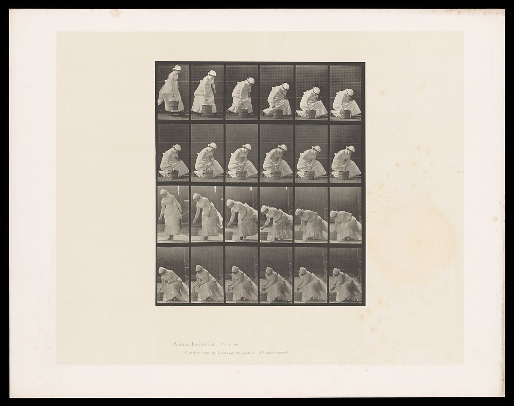 A clothed woman puts a bucket on the ground, crouches and squeezes out a cloth from inside it. Collotype after Eadweard…