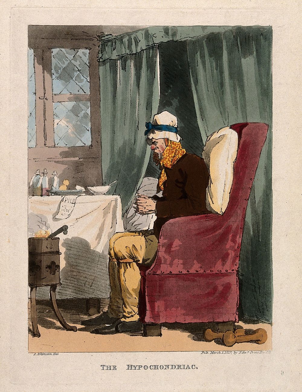 A seated hypochondriac shivering in front of a fire and surrounded by pills. Coloured aquatint by A. Atkinson, 1819.