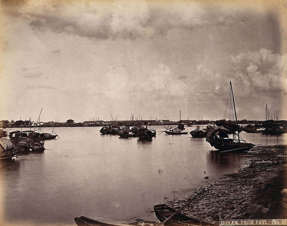 Canton, China: boats off the coast of Canton City, looking south to Honam island. Photograph by W.P. Floyd, ca. 1873.