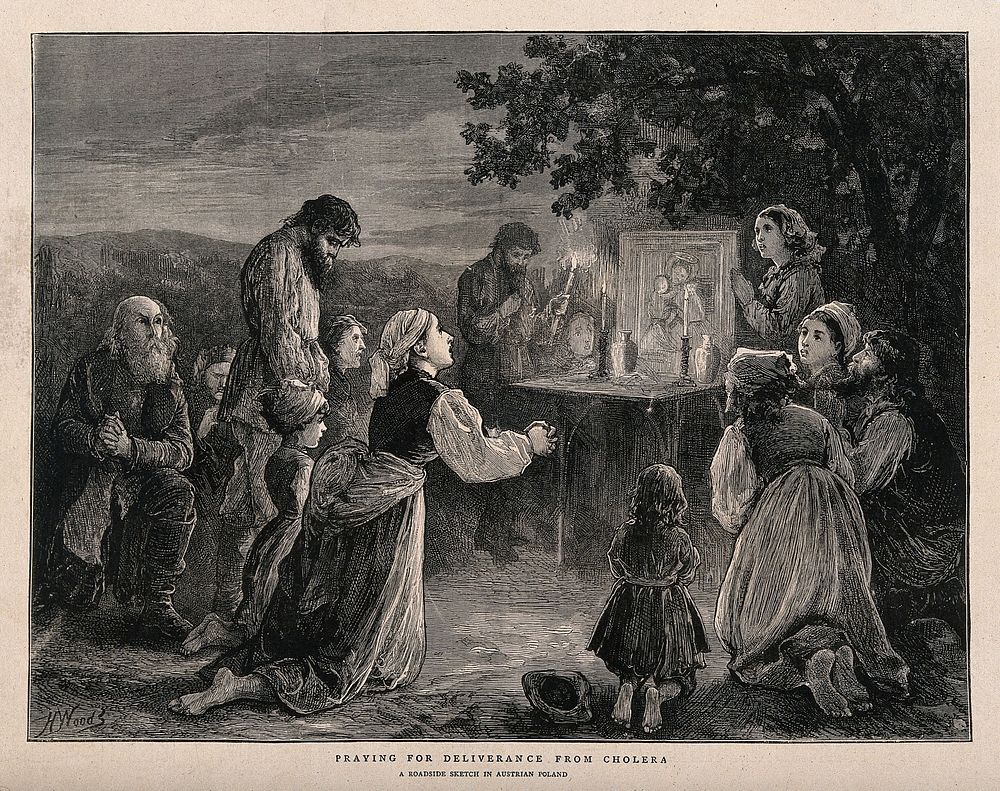 Men, women, and children praying at a shrine by the roadside during the 1873 cholera epidemic in Poland. Wood engraving by…