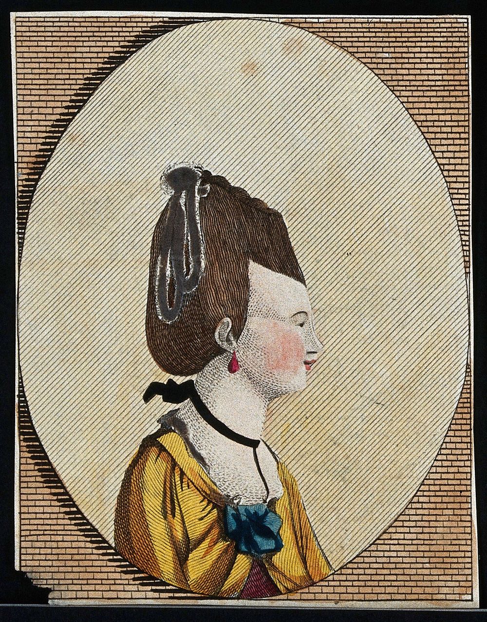The head and shoulders of a woman in profile to the right wearing a high wig with ribbons. Coloured etching.