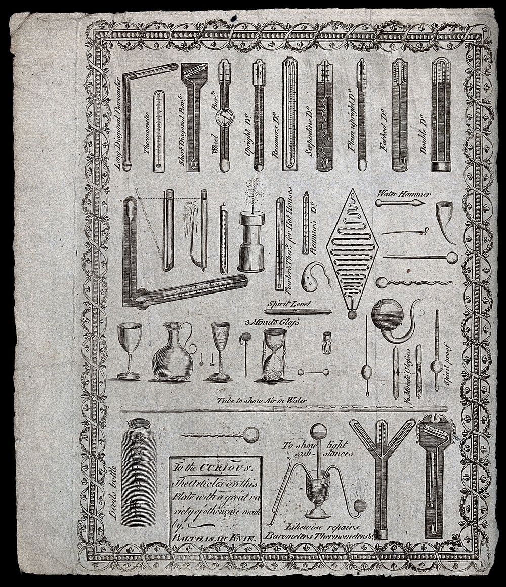 An advertisement for a maker of glass instruments: showing thermometers, hour-glasses, and barometers. Engraving.