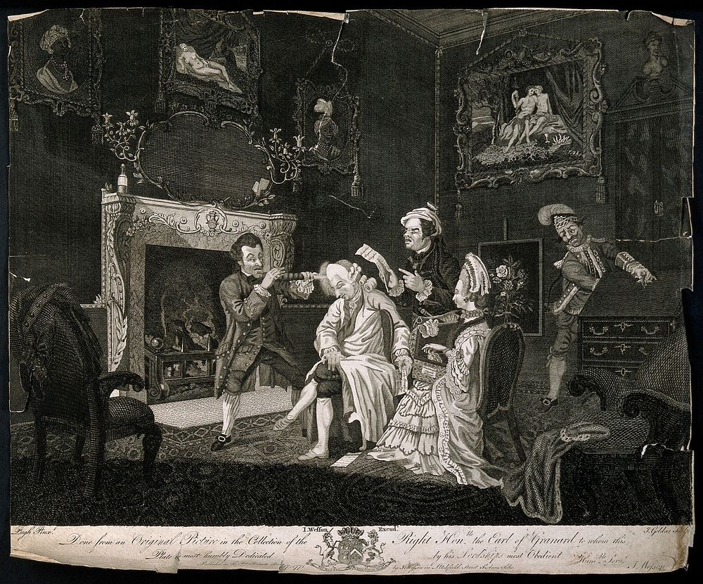 A man asleep in a chair, having his hair or wig powdered by a male hair-dresser; a woman sits next to him and a French cook…