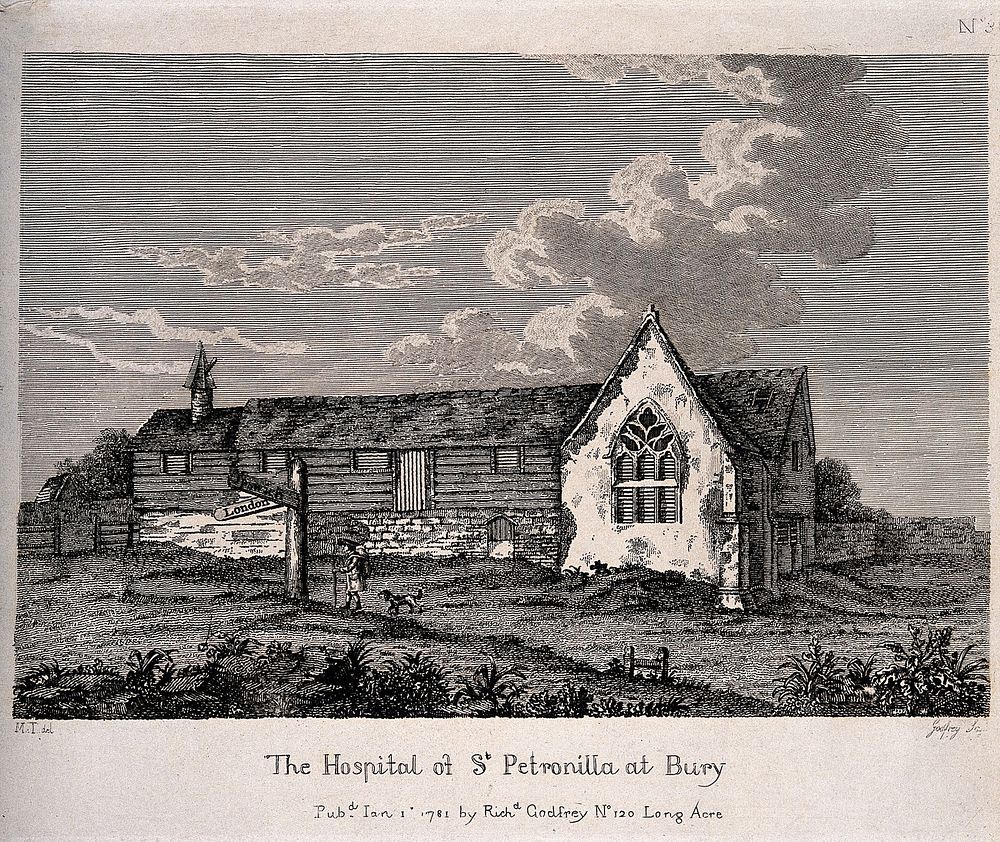 The hospital of St. Petronilla, Bury St. Edmunds, Suffolk: exterior. Etching by R.B. Godfrey, 1781, after M. Tyson.